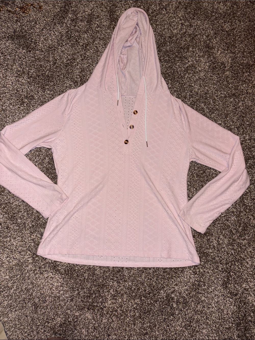 Light Pink Hooded Eyelet Pullover with Button Placket